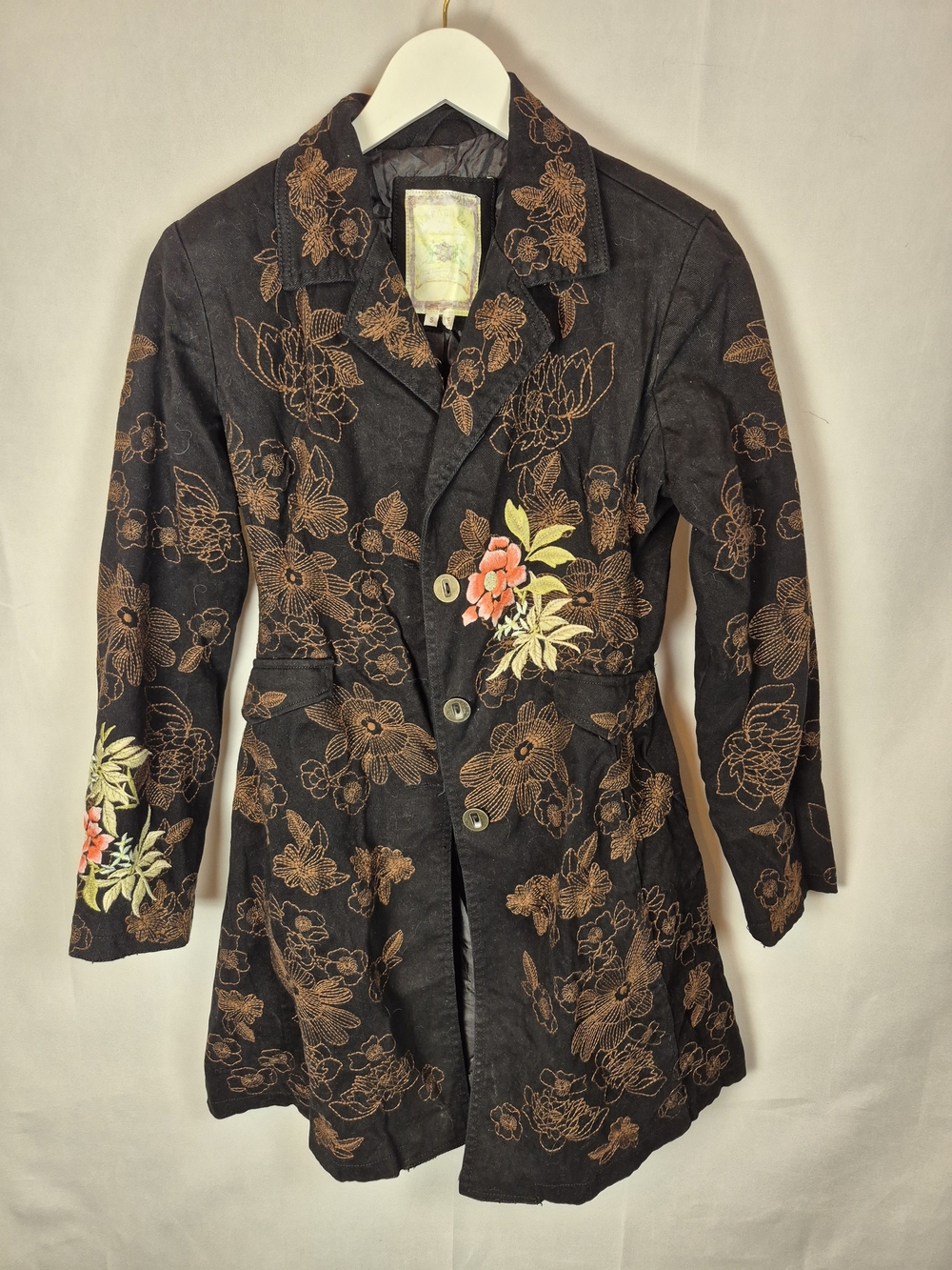 paparazzi Vtg Black Floral Embroidered Long Blazer Boho Chic Size S